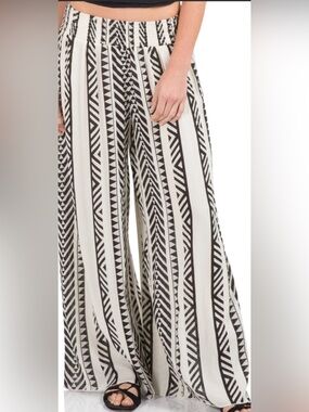 Rhea Wide Leg Boho Pants  Tribal Cream & Black Smocked Waist Pockets Vicose XL 👍